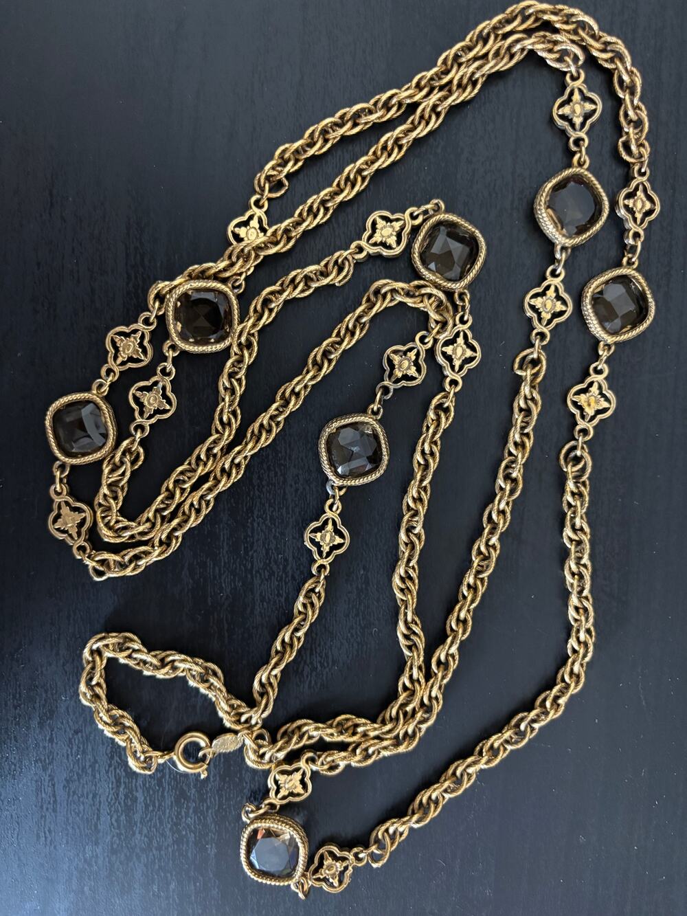 Vintage Accessocraft Gold Tone Long Station Necklace Bezel Set Crystals